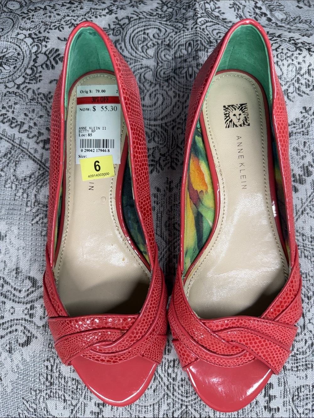 Anne Klein Coral Red Peep-Toe Heels with Braided Detail - Sze 6